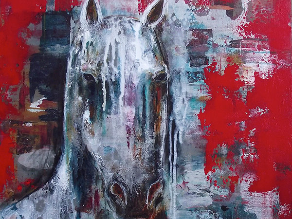 Cheval sur fond rouge